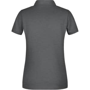 A grey ladies' polo shirt displayed from the back, featuring a collar and short sleeves. It has a logo on the chest.