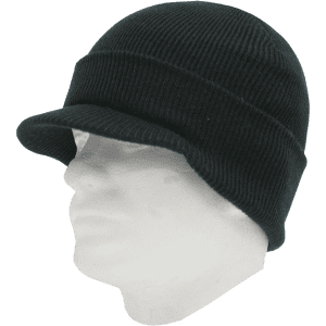 A black knitted beanie with a short brim, displayed on a white mannequin head.