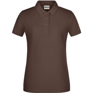 A brown ladies basic polo shirt with a collar and three buttons, featuring a logo on the chest.