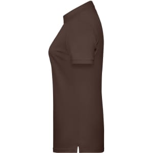 A ladies' basic polo shirt in brown with a classic collar and short sleeves, featuring a logo on the chest.