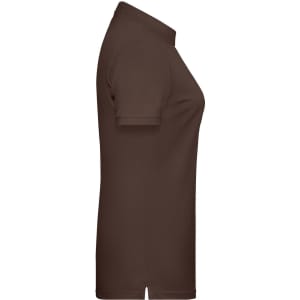 A brown ladies' basic polo shirt with a collar and short sleeves, featuring a logo on the front.
