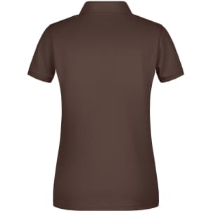 A brown ladies' basic polo shirt featuring a classic design and a logo on the back.