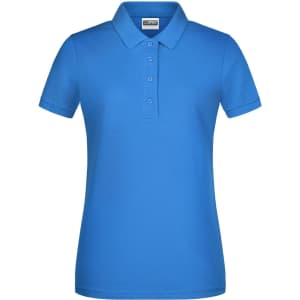 A blue ladies' basic polo shirt featuring a collar and three-button placket. It has a branding logo.