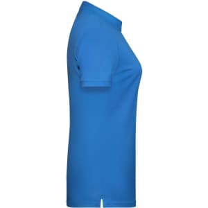 A blue ladies’ basic polo shirt displayed from the side, featuring a collar and a fitted design.