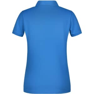 A blue ladies' basic polo shirt with a classic collar and short sleeves, featuring a branding logo.