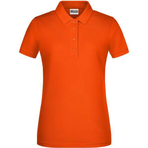 An orange ladies' polo shirt with a collar and button placket, featuring a branded logo.