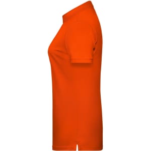 A side view of a bright orange ladies basic polo shirt featuring a collar and short sleeves.