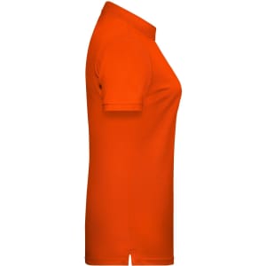 A side view of a ladies' polo shirt in bright orange, featuring a classic collar and short sleeves. It has a logo.
