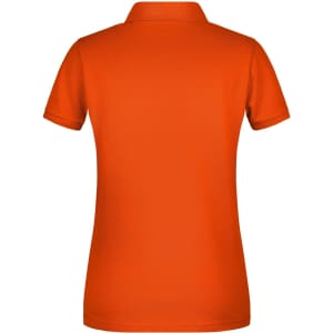 An orange ladies' basic polo shirt featuring a collar and short sleeves, with a logo on the back.