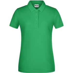 A bright green ladies polo shirt featuring a classic collar and buttons, with a logo on the front.