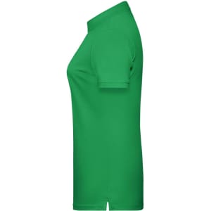 A green ladies' polo shirt with a classic collar and short sleeves, featuring a logo.