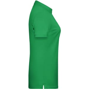 A green ladies' polo shirt displayed from the side, featuring a classic collar and short sleeves.