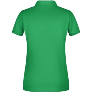 A green ladies' basic polo shirt with a classic collar and short sleeves, featuring a logo on the back.