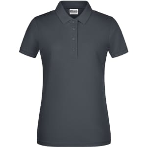 A ladies' basic polo shirt in charcoal grey, featuring a collar and button placket. It has a logo on the chest.