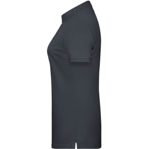 A ladies basic polo shirt in dark grey, featuring a side view and short sleeves. Includes a logo on the fabric.