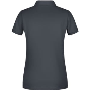 A dark grey ladies' basic polo shirt featuring a classic collar and short sleeves. It has a logo on it.