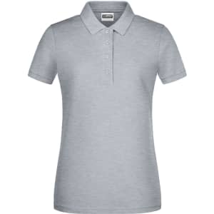 A light grey ladies basic polo shirt with a collar and button placket. Features a logo on the chest.