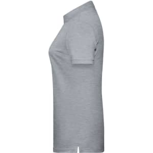 A grey ladies polo shirt with short sleeves and a collared neckline, featuring a logo.