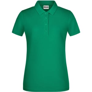 A green ladies' basic polo shirt featuring a classic collar and three-button placket, with a logo on the chest.