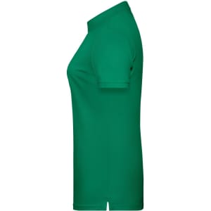 A green ladies basic polo shirt with a simple design and a small logo. Side view highlighting the fit.
