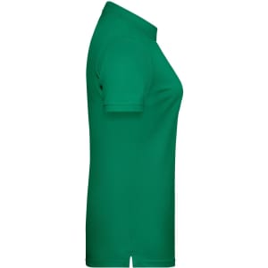 A green ladies' polo shirt displayed from the side, featuring a classic collar and short sleeves.