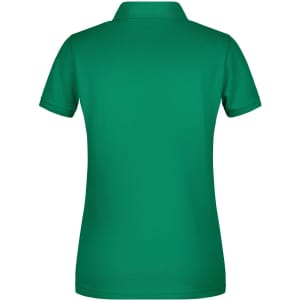 A green ladies polo shirt with a classic collar and short sleeves, featuring a logo on the side.