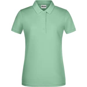 A green ladies' basic polo shirt with a collar and button placket, featuring a logo.