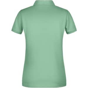 A mint green ladies' polo shirt featuring a classic collar and short sleeves, with a branding logo.