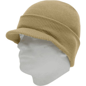 A beanie in a light tan colour with a rolled brim, displayed on a white mannequin head.