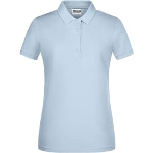 A light blue ladies' polo shirt with a collar and four buttons, featuring a logo on the chest.