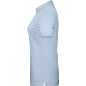 A light blue ladies basic polo shirt with a classic collar and short sleeves, featuring a logo.