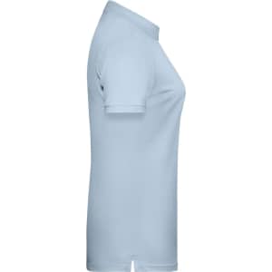 A light blue ladies' basic polo shirt displayed from the side, featuring short sleeves and a collar.