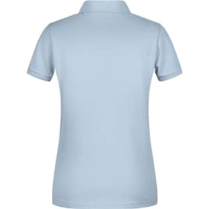 A light blue polo shirt for ladies, featuring a classic collar and short sleeves, with a branding logo.