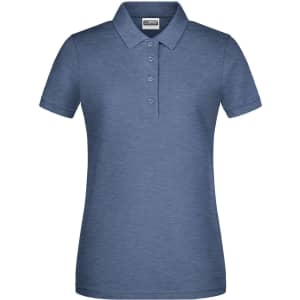 A ladies' basic polo shirt in a subtle blue colour, featuring a collar and button placket, with a logo.