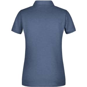 A ladies' polo shirt in a dark blue hue, featuring a simple design and a collar. The shirt has a branding logo.