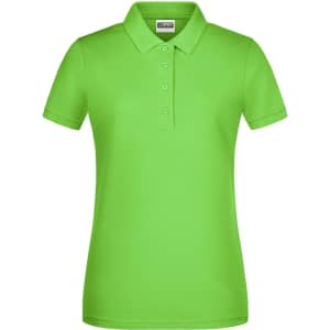 A bright green ladies' polo shirt featuring a classic collar and a logo.