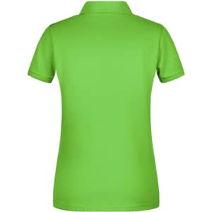 A green ladies' polo shirt with a classic collar and short sleeves, featuring a logo on the back.