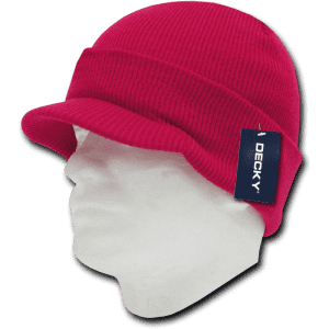 A red ribbed bucket hat displayed on a mannequin head, featuring a brand label.