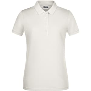 A ladies' basic polo shirt in a soft white colour, featuring a collar and buttons, with a logo on the chest.