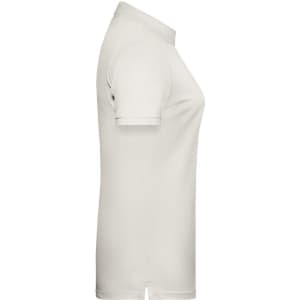 A ladies' basic polo shirt in white, featuring a classic collar and short sleeves. It has a logo on the side.