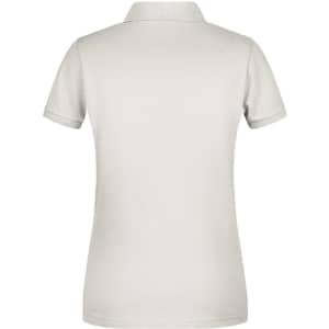 A light grey ladies' basic polo shirt with a collar and short sleeves, featuring a logo on the back.