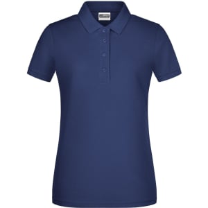 A navy blue ladies basic polo shirt featuring a classic collar and button placket, with a logo on the chest.