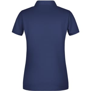 A navy blue ladies basic polo shirt with a classic collar and short sleeves, featuring a logo.