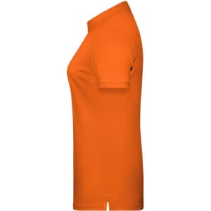 An orange ladies polo shirt viewed from the side, featuring a classic collar and short sleeves.