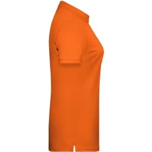 An orange ladies basic polo shirt displayed from the side, featuring a classic collar and short sleeves.