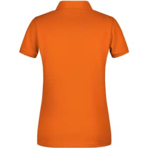 An orange ladies' basic polo shirt with a classic collar and short sleeves, featuring a logo.