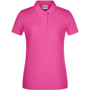A pink ladies polo shirt featuring a collar and a button placket, with a logo present.