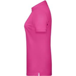 A pink ladies polo shirt displayed from the side, featuring short sleeves and a collar. It has a branding logo.