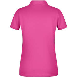 A pink ladies' polo shirt featuring a collar and short sleeves, with a logo on the back.