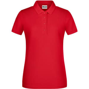 A red ladies' polo shirt featuring a collar and three-button placket, with a logo on the chest.